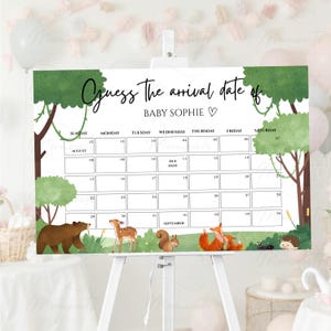 Woodland, Forest, Baby Due Date Calendar Sign, Guess Birthday Baby Shower Game, Guess Baby&#39;s Birth Date, Baby Shower Game, Instant Download