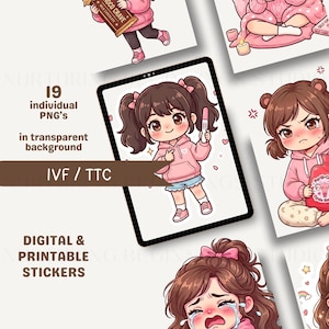 Könnte beinhalten: Digitale und druckbare Aufkleber mit Illustrationen von Cartoon-Charakteren in rosa Kapuzenpullovern und Shorts. Der Text lautet "19 einzelne PNGs auf transparentem Hintergrund" und "IVF / TTC".