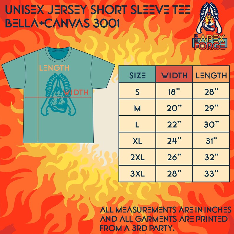 Puede incluir: Camiseta unisex de manga corta de color azul claro con un dise&ntilde;o gr&aacute;fico. La tabla de tallas muestra las medidas en pulgadas. La camiseta es de Bella+Canvas 3001.