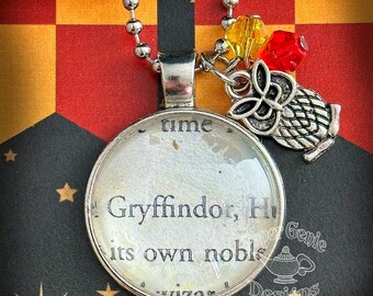 Harry Potter Inspired Upcycled Book Charm Necklace - Gryffindor