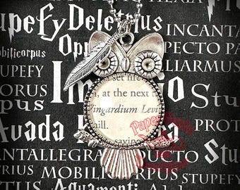 Upcycled Book Charm Necklace - Wingardium Leviosa Owl