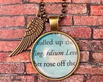 Upcycled Book Charm Necklace - Wingardium Leviosa