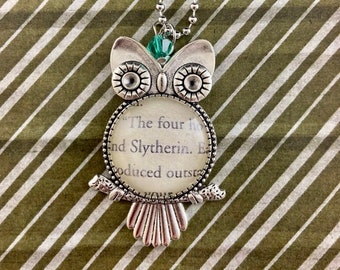 Upcycled Book Charm Necklace - Slytherin Owl