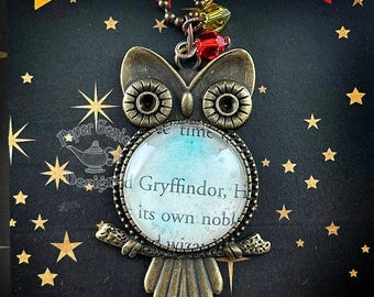 Upcycled Book Charm Necklace - Gryffindor Owl