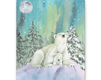 Könnte beinhalten: Leinwanddruck mit einem Aquarellgemälde eines Eisbären und seines Jungen in einer verschneiten Landschaft. Der Hintergrund zeigt Tannen, einen Vollmond und einen Nordlichteffekt in Blau- und Grüntönen.