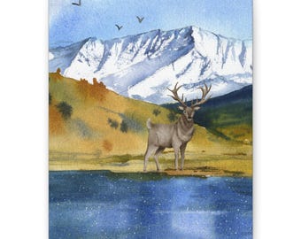 Stampa su tela del lago di montagna Elk, arte naturalistica della fauna selvatica
