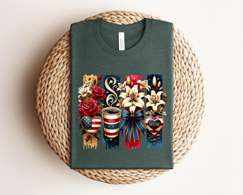 Patriotic Mom Shirt, USA Mom Tee, American Flag Coffee Mom Shirt, 4th of July Mom Gift, Vintage Floral Mom Shirt bild 4