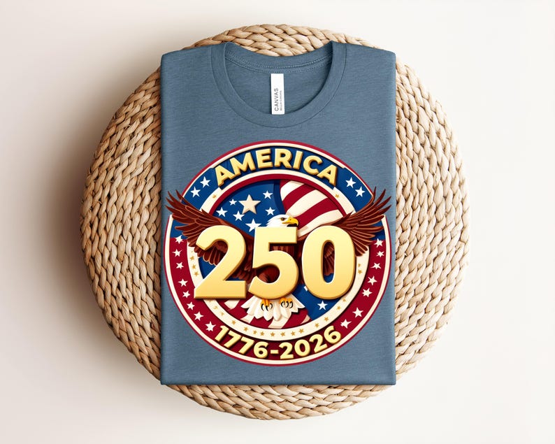 May include: A blue t-shirt with a circular graphic commemorating the 250th anniversary of America. The graphic features a red, white, and blue design with an eagle, stars, and the text "AMERICA 250 1776-2026."
