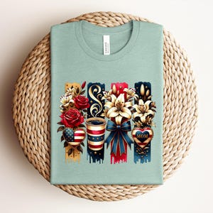 Patriotic Mom Shirt, USA Mom Tee, American Flag Coffee Mom Shirt, 4th of July Mom Gift, Vintage Floral Mom Shirt bild 6