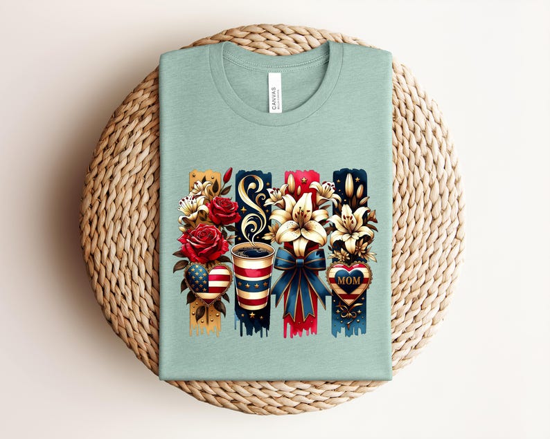 Patriotic Mom Shirt, USA Mom Tee, American Flag Coffee Mom Shirt, 4th of July Mom Gift, Vintage Floral Mom Shirt bild 6