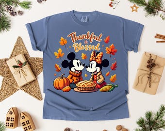 Thankful & Blessed Disney Thanksgiving Shirt, Mickey Minnie Fall Tee, Cute Autumn Pumpkin Pie Top, Cozy Friendsgiving Family Outfit