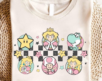Pastel Mario Character T-Shirt | Princess Peach Yoshi Toad Star Tee | Retro Gamer Girl Graphic Shirt | Cute Nintendo Aesthetic Design