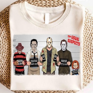 Horror Villains Mugshot Tee, Funny Slasher Movie Shirt, Scary Killer Group Top, Halloween Horror T-Shirt for Horror Fans