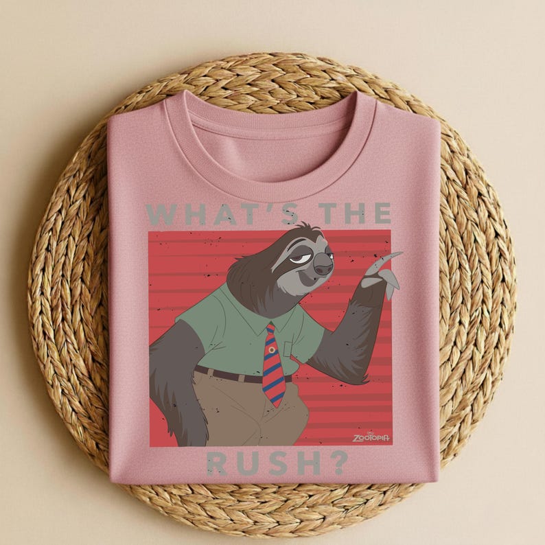 Puede incluir: Una sudadera rosa claro con un personaje de perezoso de dibujos animados de Zootopia. El perezoso lleva una camisa verde, una corbata a rayas rojas y azules y pantalones color caqui. El texto "WHAT'S THE RUSH?" est&aacute; arriba y abajo de la ilustraci&oacute;n del perezoso.