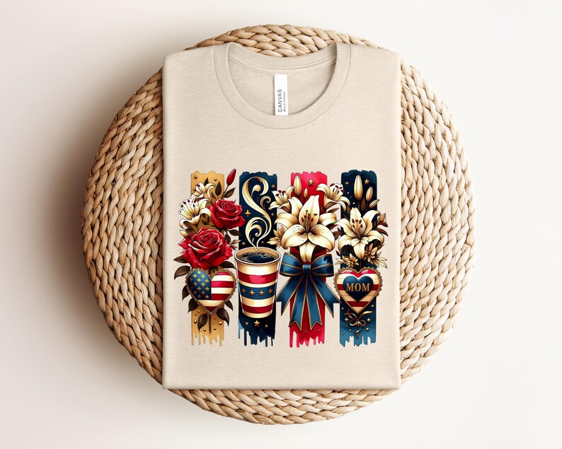 Patriotic Mom Shirt, USA Mom Tee, American Flag Coffee Mom Shirt, 4th of July Mom Gift, Vintage Floral Mom Shirt bild 1