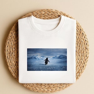 May include: White t-shirt featuring a graphic of a penguin walking on ice with mountains in the background. The text "BUT WHY?" is below the image. The shirt is displayed on a woven, circular surface.