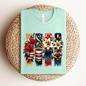 Patriotic Mom Shirt, USA Mom Tee, American Flag Coffee Mom Shirt, 4th of July Mom Gift, Vintage Floral Mom Shirt bild 9