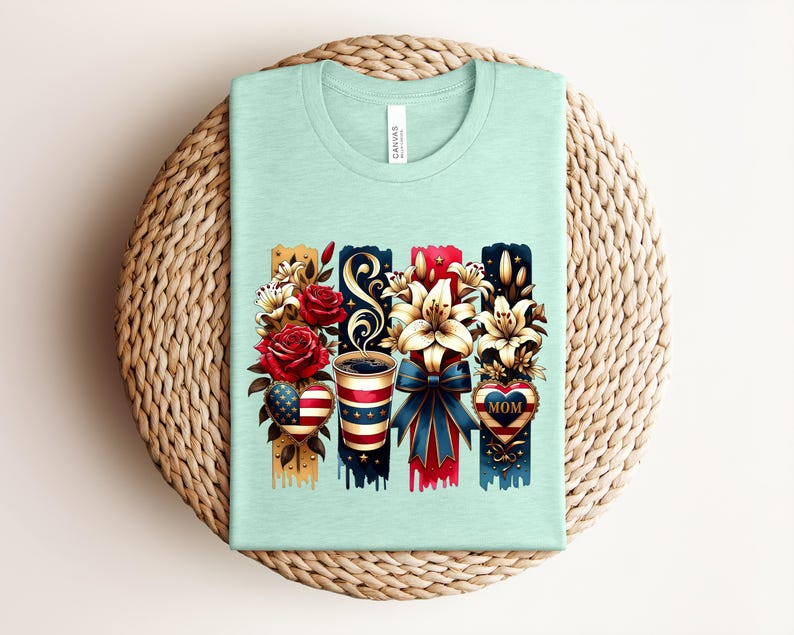 Patriotic Mom Shirt, USA Mom Tee, American Flag Coffee Mom Shirt, 4th of July Mom Gift, Vintage Floral Mom Shirt bild 9
