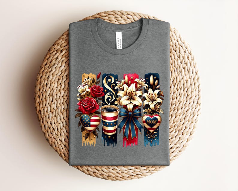 Patriotic Mom Shirt, USA Mom Tee, American Flag Coffee Mom Shirt, 4th of July Mom Gift, Vintage Floral Mom Shirt bild 15