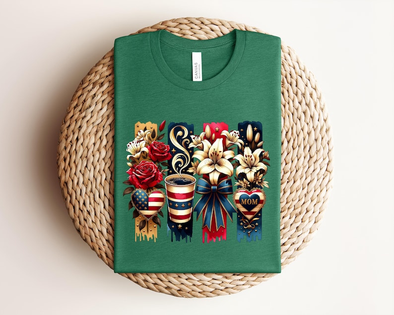 Patriotic Mom Shirt, USA Mom Tee, American Flag Coffee Mom Shirt, 4th of July Mom Gift, Vintage Floral Mom Shirt bild 5