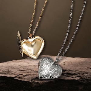 Vintage Heart Locket Necklace, Gold & Silver Floral Engraved Pendant, Romantic Heart Pendant Keepsake Jewelry, Victorian Style Gift for Her.