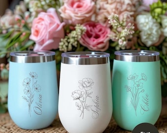 Personalized Birth Flower Tumbler with Name, Custom Floral Bridesmaid Gift, Unique Tumbler for Mom, Her, Wedding Party Favor