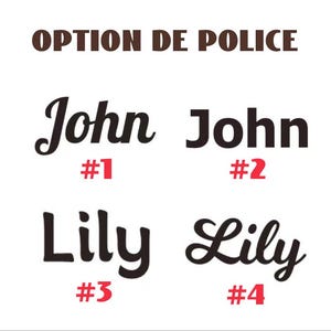 May include: Image showing four font choices for names: John and Lily. Each name appears in two styles, numbered #1 to #4. The text "OPTION DE POLICE" is at the top in a brown font.