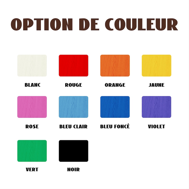 May include: A colour selection guide with the text "OPTION DE COULEUR" at the top. The guide shows rectangular colour swatches in white, red, orange, yellow, pink, light blue, dark blue, violet, green, and black.