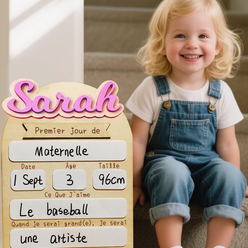 May include: A wooden sign with the name "Sarah" in pink letters, along with the text "Premier Jour de Maternelle." The sign includes the date "1 Sept," age "3," and height "96cm." The sign also lists "Le baseball" and "une artiste."