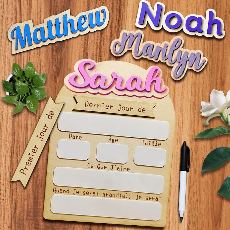 May include: Wooden name cutouts in blue, purple, and pink, with the names Matthew, Noah, Marilyn, and Sarah. A wooden sign with fill-in-the-blank sections in French, a pen, and a small plant are also present.
