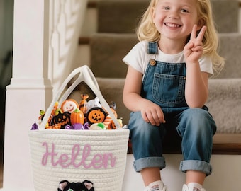 Personalized Halloween Cotton Bag with Name, Custom Trick Or Treat Candy Bucket, Kids Halloween Basket, Embroidered Tote Bag, Gift For Kids