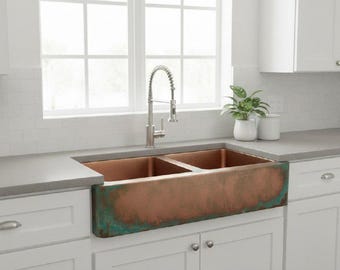 Fregadero de cobre estilo granja, fregadero de cocina rústico con faldón frontal, fregadero de cobre de doble cubeta.