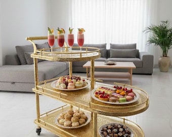 Brass Bar Cart on Wheels Moroccan Tea Trolley Handmade Serving Cart Luxury Drink Cart Gold Bar Furniture
