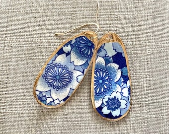 Handmade Oyster Shell Earrings - The Skyla Blue Floral Print w/ Gold Edge