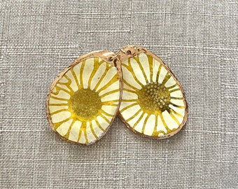 Handmade Oyster Shell Earrings – The Charlotte Yellow Flower Print w/Gold Edge