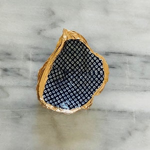 The Ada Print - Low Tides Design Oyster trinket/ring dish Navy & White Dot Print w/gold edge