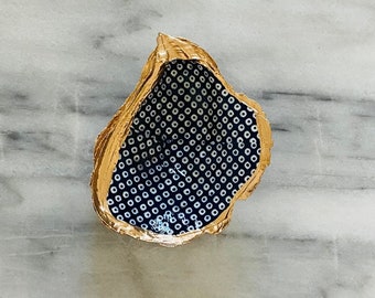 Handmade Oyster Shell Ring Dish – Navy Dot Print with Gold Edge
