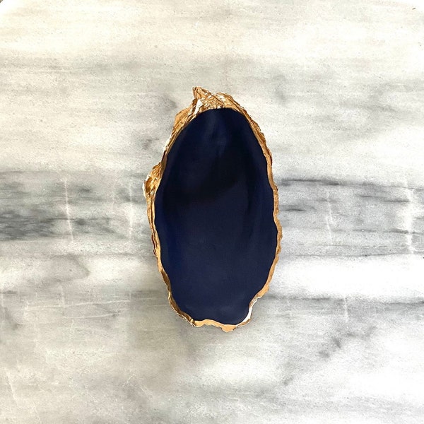 The Anna - Low Tides Design Hand Painted Oyster Trinket/Ring Dish in Matte or High Gloss Enamel Navy w/Gold Edge