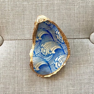 The Nicolette Print - Low Tides Design Oyster trinket/ring dish Blue & White Wave Print w/gold edge