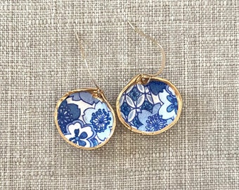 Handmade Semele Shell Drop Earrings - The Skyla Handmade Blue & White Floral Print Paper w/Gold Edge