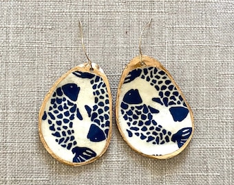 Handmade Oyster Shell Earrings – Blue Fish Print Paper, Gold Edge