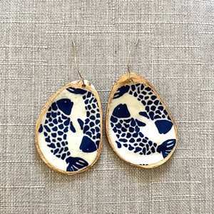 The Maris on The Sakonnet Drop - Oyster Shell Lid Earrings in a Handmade Blue & White Fish Print Paper w/Gold Edge