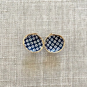 The Ada on The Bristol Stud - Low Tides Design Semele Shell Stud Earrings in Navy Blue & White DotPrint on Handmade Paper w/Gold Edge