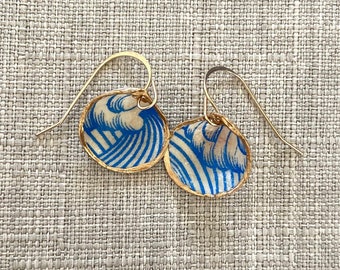 Handmade Semele Shell Drop Earrings – The Nicolette Blue Wave Print w/Gold Edge