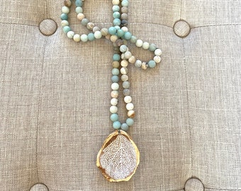 Amazonite Beaded Necklace – Decoupage Oyster Shell Pendant