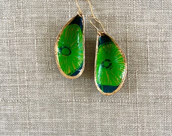 Mussel Shell Earrings – The Marley Print Handmade Green & Navy Paper, 14k Gold Filled
