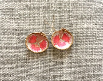 Handmade Semele Shell Drop Earrings - The Olivia Handmade Pink & White Floral Print Paper w/Gold Edge