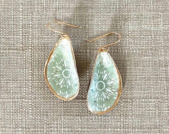 Handmade Decoupage Mussel Shell Earrings – Green & White Print, 14k Gold Filled