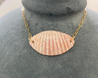 The Fog Land Necklace 15” - Tumbled Clam Shell suspended by a 14k gold filled paperclip chain