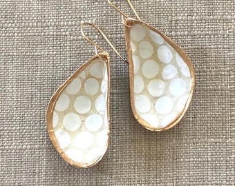 Handmade Mussel Shell Earrings – White & Sand Dot Print, Gold Edge
